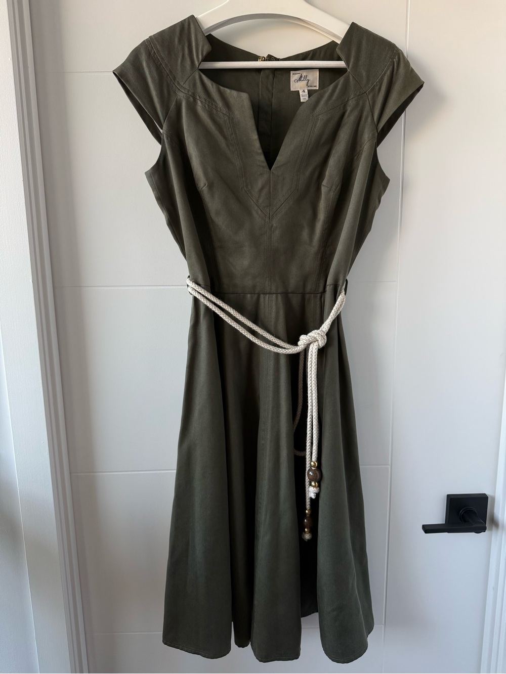 Vintage Milly Olive Green Midi Dress with Tan Rope Belt